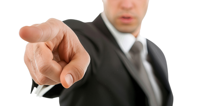 Man in suit pointing forward, focus on finger, conveys accusation, leadership, or instruction. Isolated on white background.