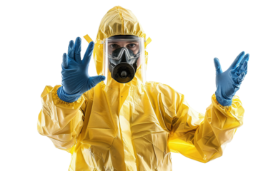 Person in full hazmat suit with gloves and respirator, hands extended outward, emphasizing safety and protection against hazardous materials.
