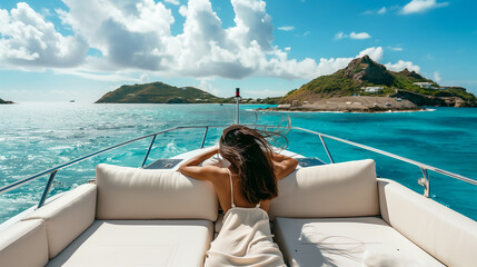 Obraz premium A woman relaxing on the deck of luxurious yacht and enjoying view ocean
