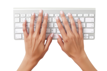 Hands typing on a white computer keyboard transparent background