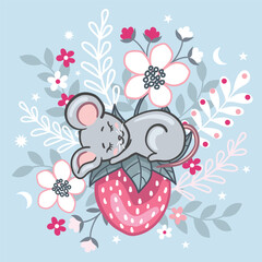 Adorable little mouse vector illustration sleeping on a strawberry surrounded by white and pink flowers and leaves on a baby blue background.