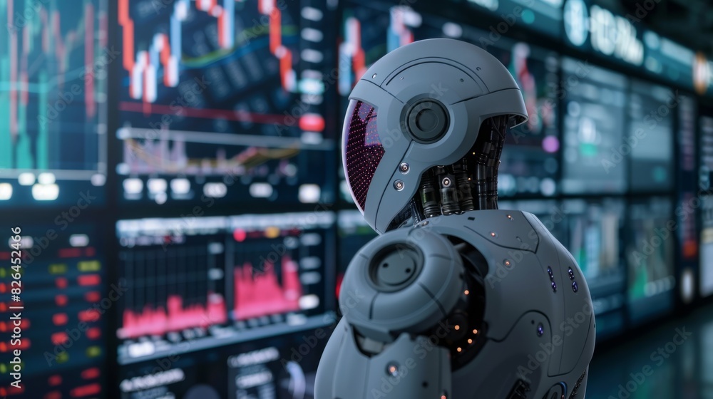 Poster a robot stands in front of a massive wall of data, processing information efficiently.