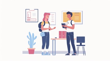 Obraz premium A flat design juvenile officer character in 2D flat style, depicted in business casual attire, holding a clipboard and talking to a young person. The background includes elements like an office