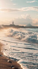 Naklejka premium Golden hour at coastal lighthouse scene