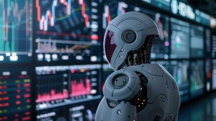 A robot stands in front of a massive wall of data, processing information efficiently.