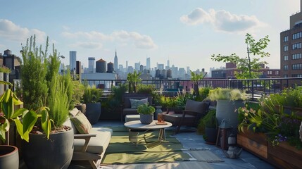 A scenic rooftop garden with comfortable seating, potted plants, and a view of the city.