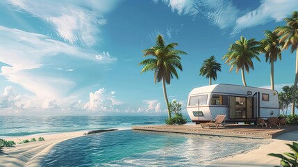 mobile home with private swimming pool parked on idyllic beach ocean view summer vacation concept 3d render