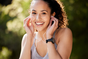 Outdoor, fitness and girl in portrait with music for sports, exercise or audio for motivation....