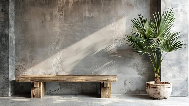 modern loft entryway with rustic wooden bench and concrete walls interior design