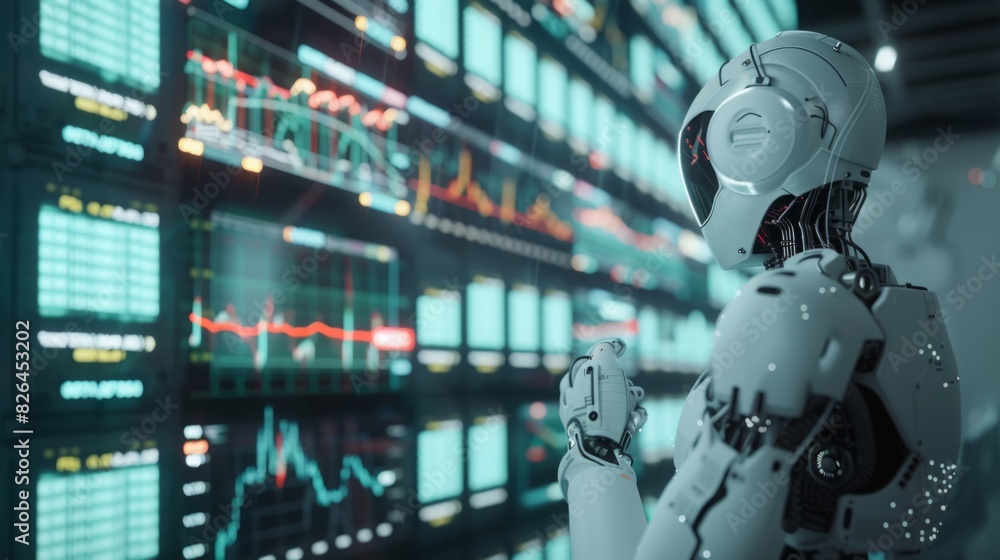 Poster a robot stands in front of a wall, showcasing its metallic design and technological features in a mo