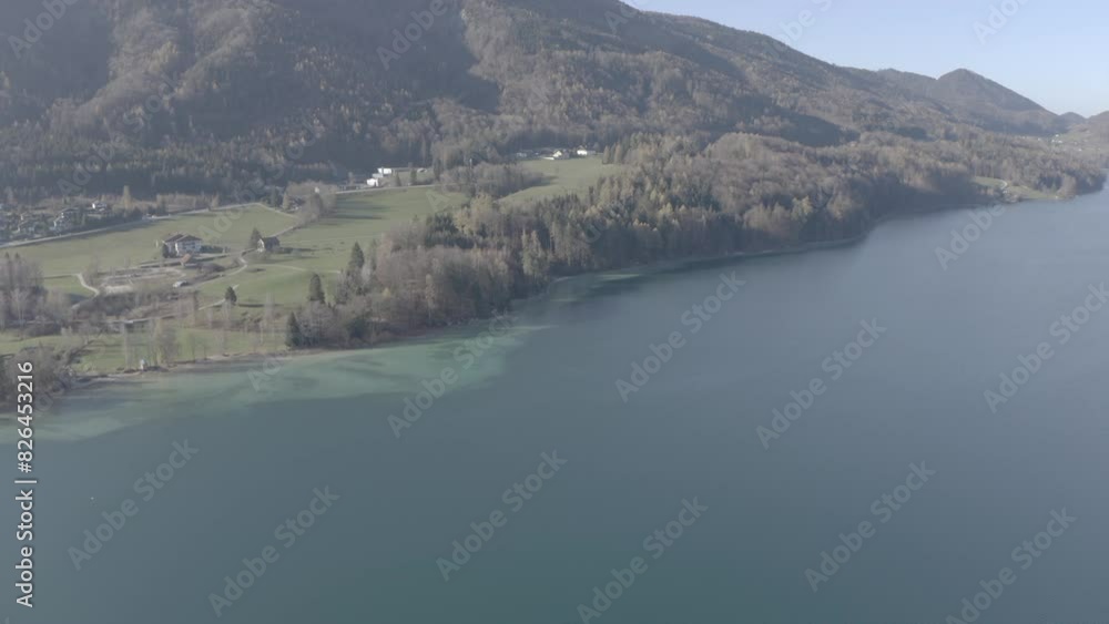 Wall mural Aerial View of Fuschlsee in Autumn, Scenic Lake in Salzburg, Austria, D-Log