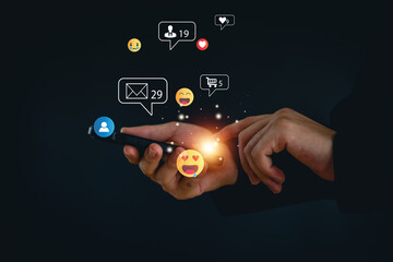 Social media and digital online concept, man using smart phone with Social media. The concept of living on vacation and playing social media. Social Distancing ,communication.