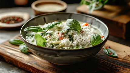 Thai Green Curry Delight: Ceramic Bowl Serving of Spicy Thai Cuisine &ndash; Exquisite Presentation of Flavorful Asian Dish