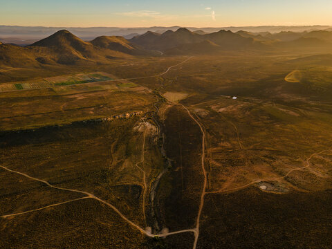 Aerial view of natural Karoo landscape with mountain peaks, Drie Kuilen, Western Cape, South Africa.