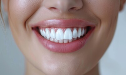 Close up Teeth, dental and oral hygiene with a model woman in studio on a gray background for teeth whitening. Dentist