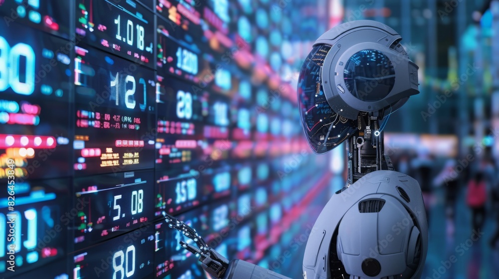 Poster a robot is positioned in front of a wall filled with various numbers, showcasing a display of data a