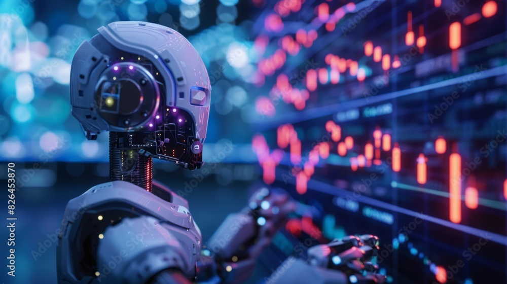 Poster a robot stands in front of a digital wall covered in data, analyzing and processing information.