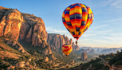 Obraz premium Hot air balloon. A group of colorful hot air balloons flies over a mountain range