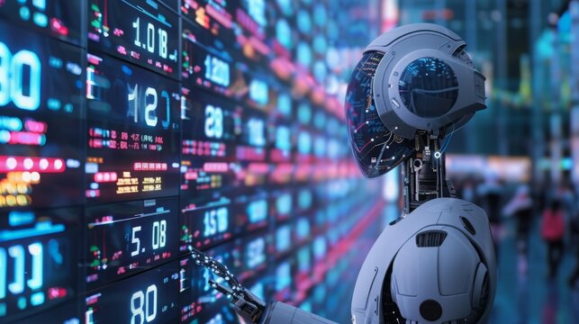 A robot is positioned in front of a wall filled with various numbers, showcasing a display of data and information. - Powered by Adobe