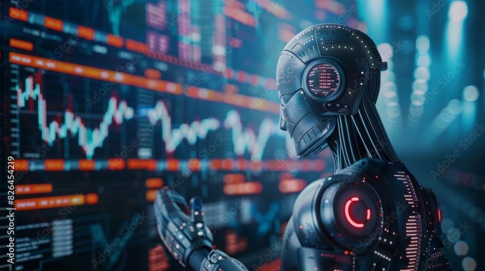 Poster a robot displaying data on a smart phone with a stock chart in the background.