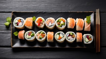 A plate of gourmet sushi rolls arranged artfully on a slate platter On a black wooden background. Top view. Free space for your text.