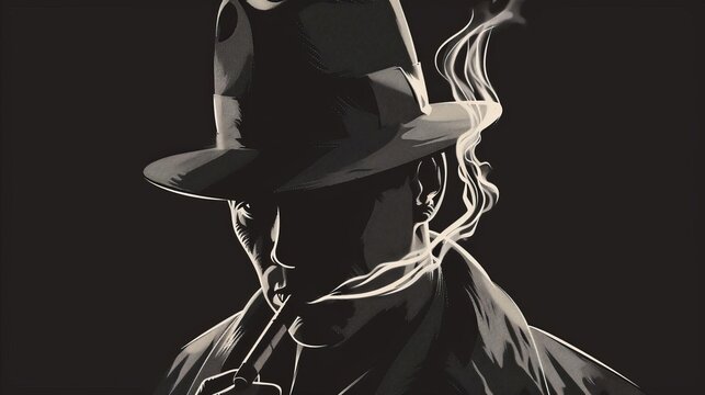 mysterious man in fedora hat smoking cigar noir detective concept illustration