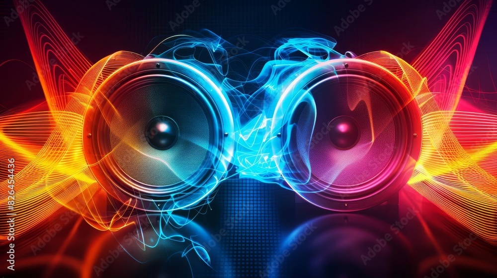 Aufkleber neon rhythm two speakers pulsating with sound waves abstract background