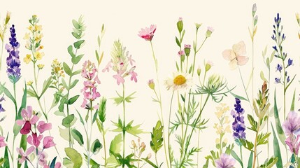 Meadow herbs and flowers in a watercolor seamless pattern