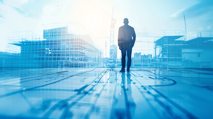 Obraz premium architectural composition, structural design, aesthetic form, innovative construction, close up, focus on, copy space, Double exposure silhouette with blueprints