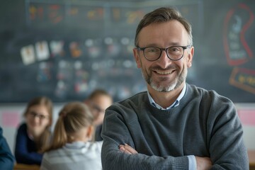 Portrait of mature teacher looking at camera with copy space. Happy mid adult lecturer at classroom standing after giving lecture. Satisfied high school teacher smiling while his students studying.