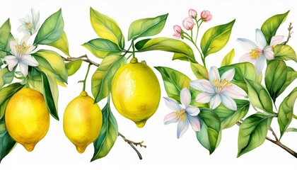 Set off Blooming lemon branches on an isolated white background, watercolor illustration, botanical painting