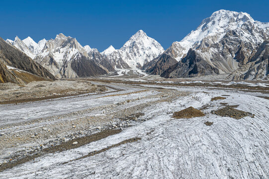 Aerial view of majestic Himalayan glacier with K2 and Marble peak, Gilgit-Baltistan, Pakistan.