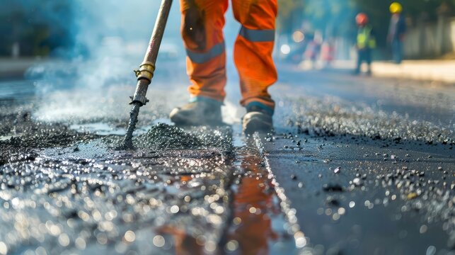 professional road maintenance worker applying tar sealant to fix pavement fissures asphalt repair closeup