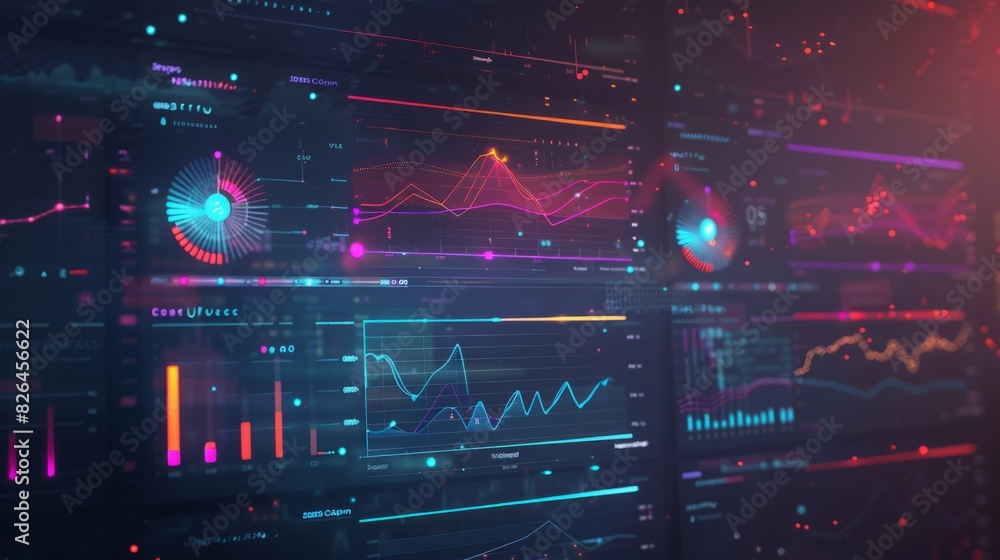 Poster a computer screen filled with a large amount of data, charts, and graphs, showcasing comprehensive i