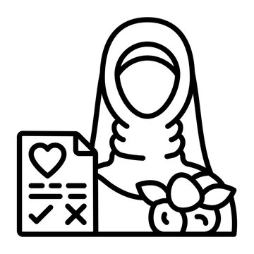 Taking Bridal Consent for Marriage concept, Hijabi Girl and Nikah process vector outline icon, Muslim marriage Symbol, Islamic wedding customs Sign, Pakistani matrimony stock illustration