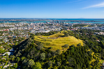 Aerial view of Mount Eden, Sacred Maori site, Auckland, New Zealand.