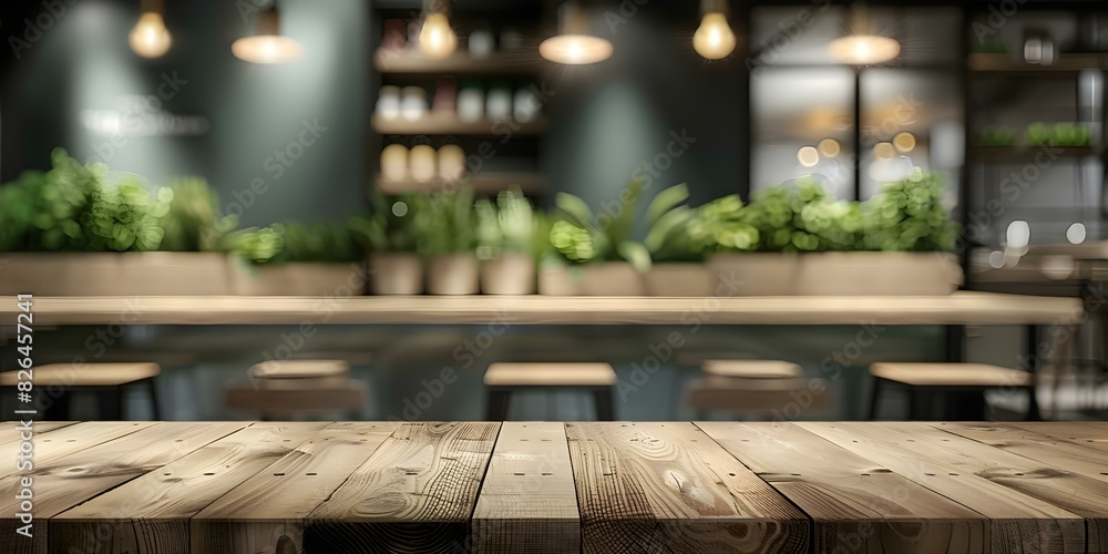 Poster restaurant ambiance with empty rustic table and blurred interior setting behind. concept rustic tabl