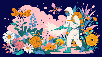 Naklejka premium Vibrant Beekeeper Tending to Garden with Bees and Flowers Illustration