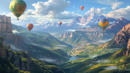 Many hot air balloons in the sky. The sky is yellow and cloudy and the balloons are mostly red, green, blue, and yellow.