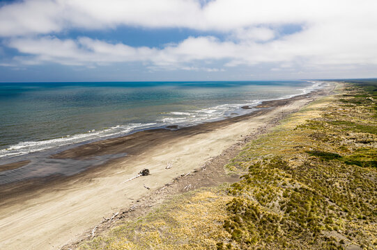 Aerial view of Moana Roa beach, Santoft, Bulls, Manawatu-Whanganui, New Zealand.