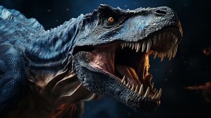 Dinosaur head with open mouth on dark background.