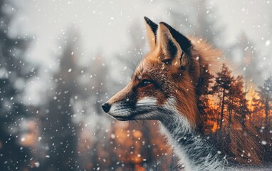 Fototapeta premium A majestic fox in a snowy forest with a double exposure effect, blending nature and wildlife in a mesmerizing scene.