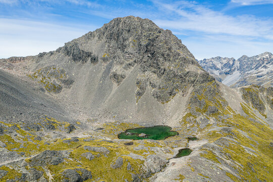 Aerial view of snowy Travers Range in the Zillertal Alps, Saint Arnaud, New Zealand.
