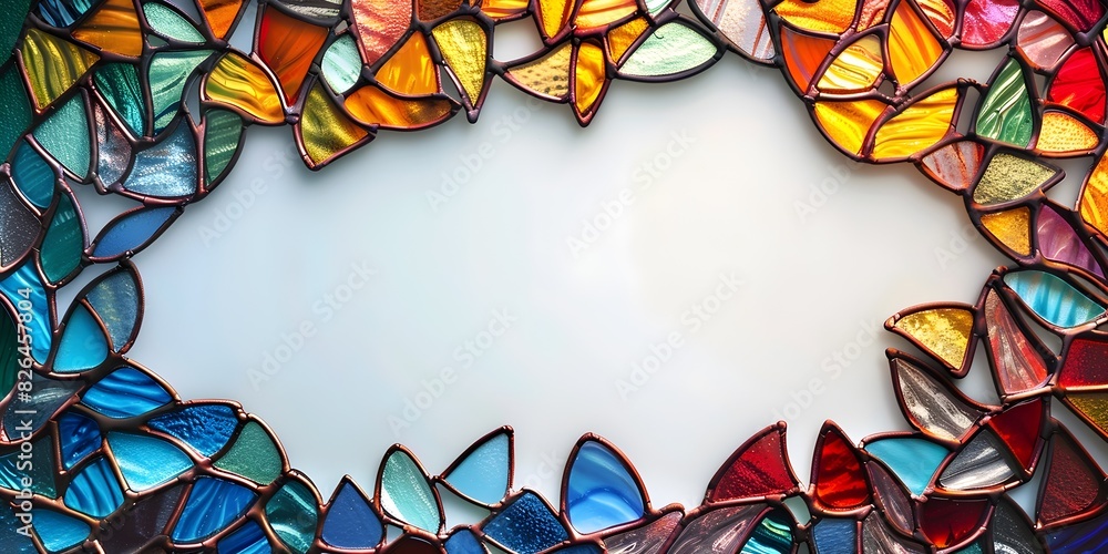 Poster vibrant stained glass frame with intricate colorful patterns and copy space for digital rendering