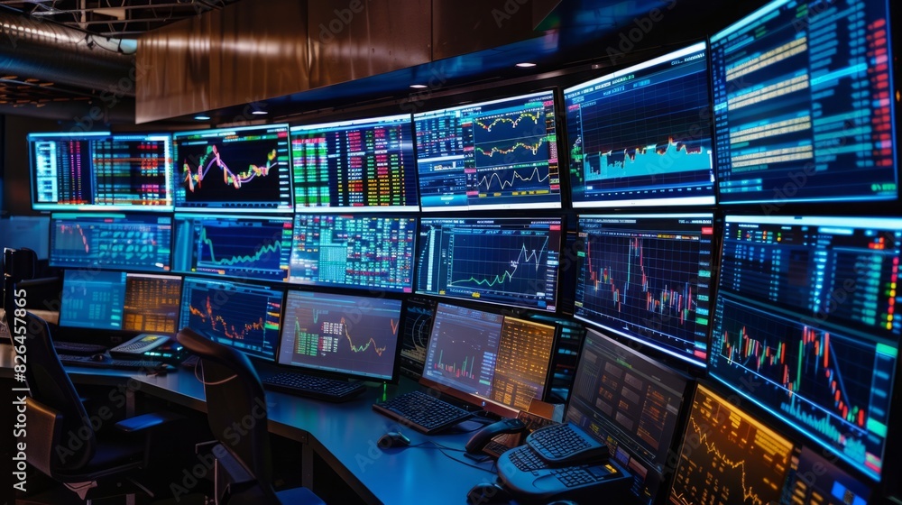 Poster numerous computer screens displaying data and information in a high-tech room setting.