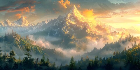 Majestic Sunrise Over Misty Mountain Range Golden Light Spilling Over Peaks in Peaceful Digital...