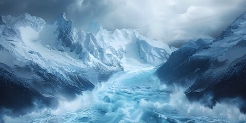 Majestic Glacier Flowing Between Towering Mountain Peaks in Icy Dynamic Landscape