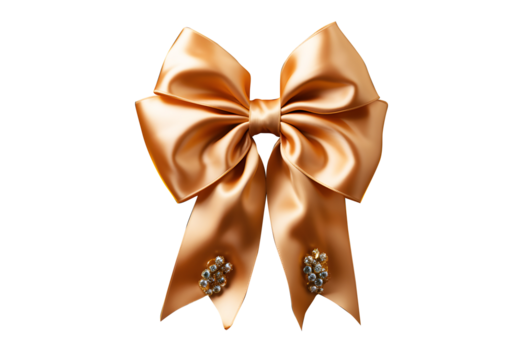 Fashionable hair bow light gold color pattern design in beautiful color made out of satin fabric Isolated on cut out PNG or transparent background. Great hair accessory for girls and women.