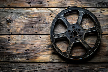 Obraz premium Movie reel on a wooden background 