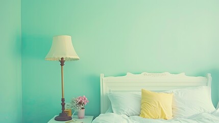 a women's bedroom decorated in white, teal, light green, pink, and yellow, featuring a pastel and soft aesthetic with bright lighting.